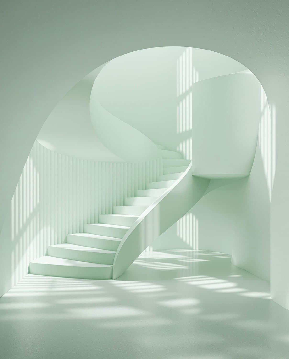 Light-filled spiral staircase with soft curved archways