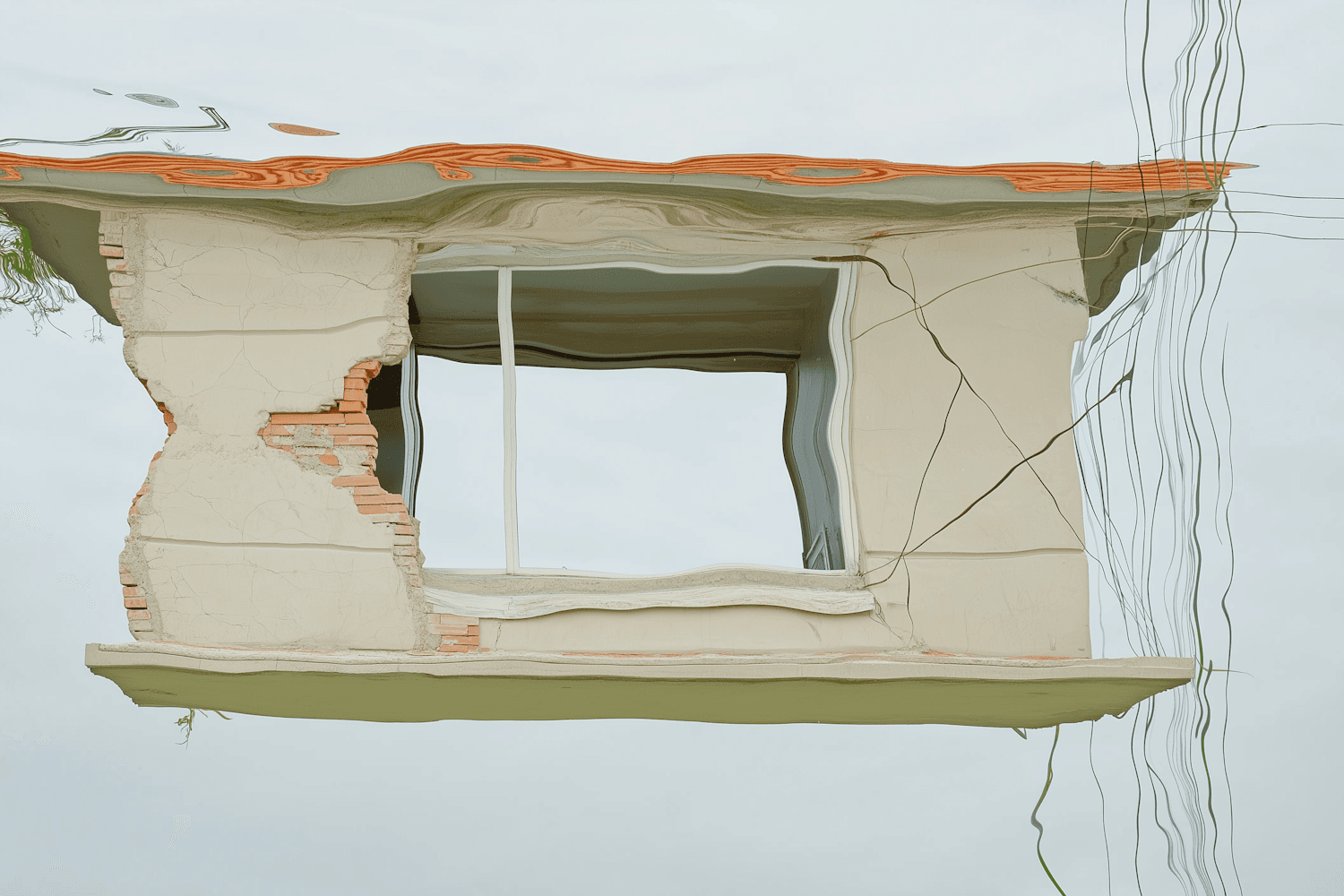 Abstract reflection of a cracked building facade in still water