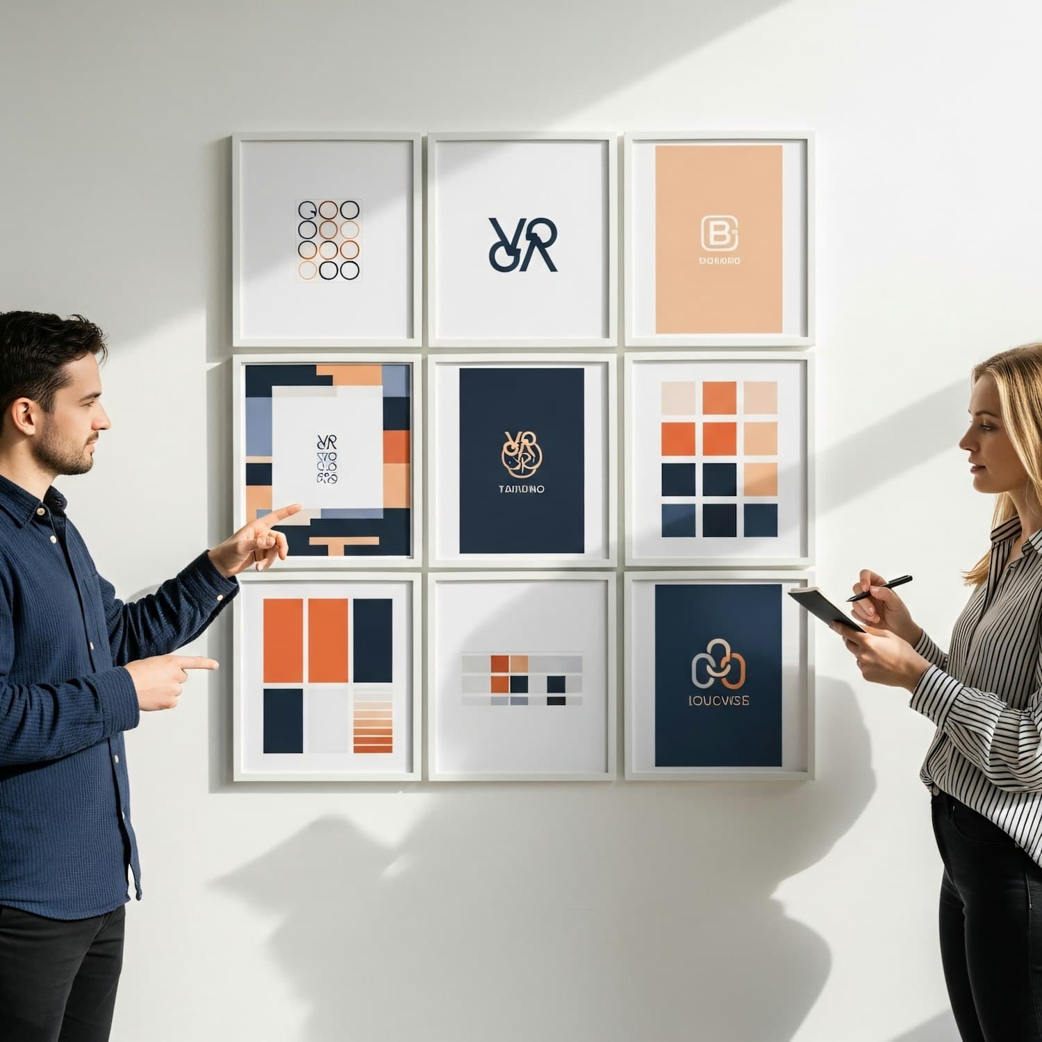 Two designers reviewing brand work pinned to a studio wall