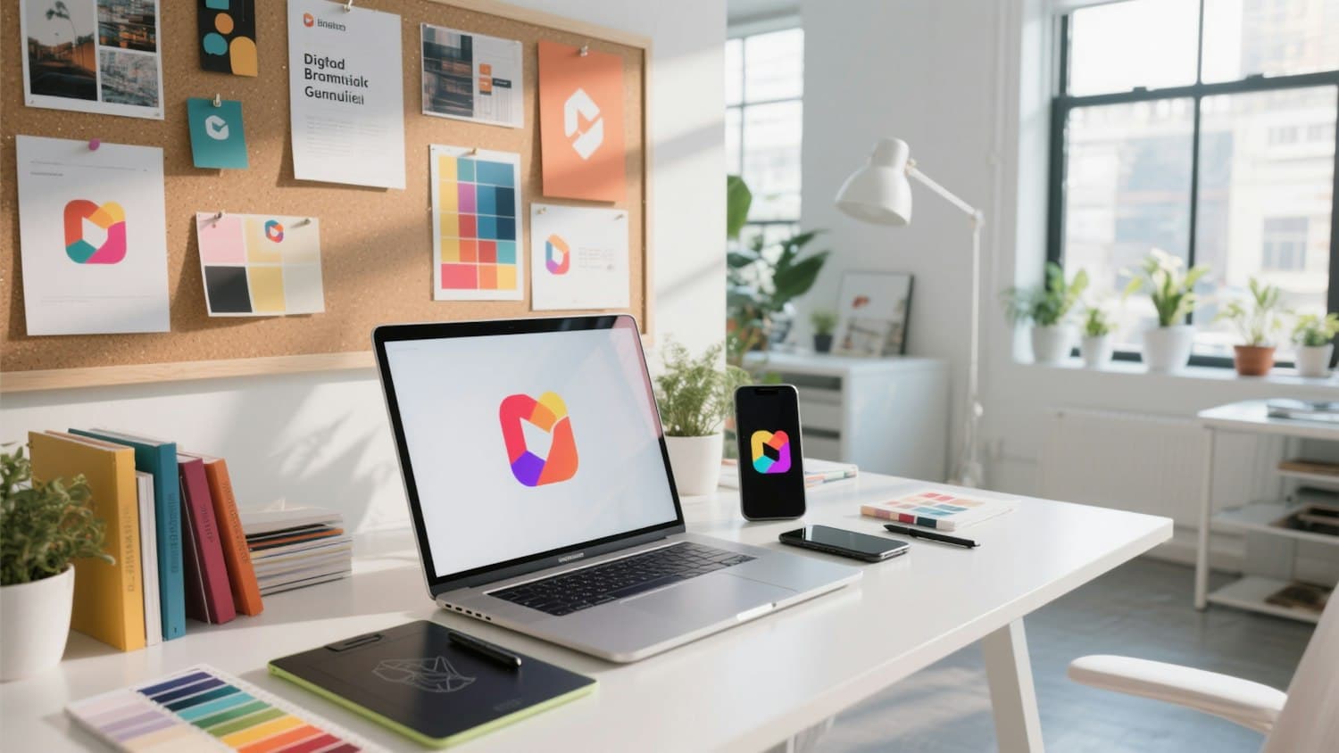 Bright home studio desk with a laptop and design tools