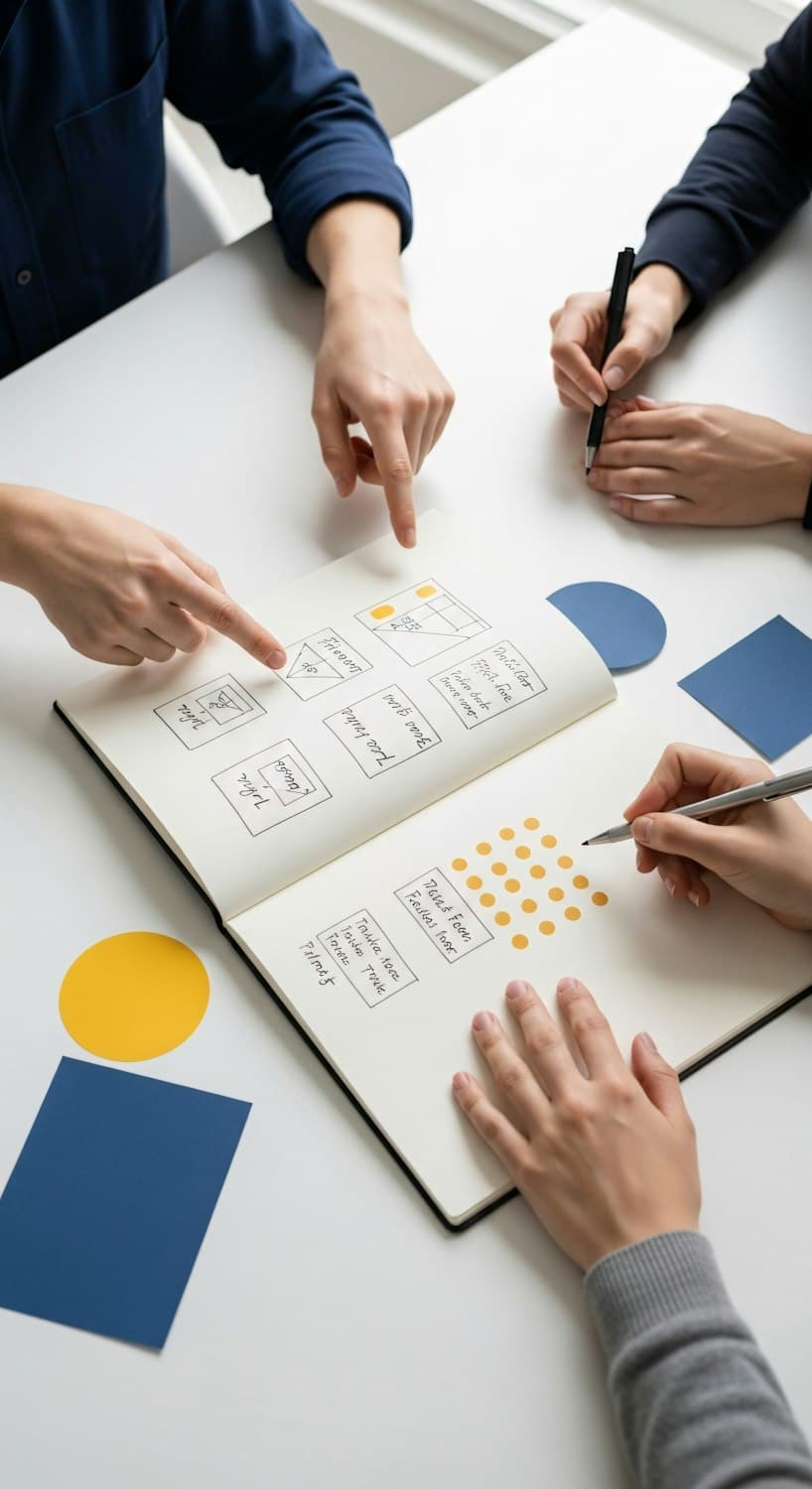 Three founders sketching product ideas together at a white table